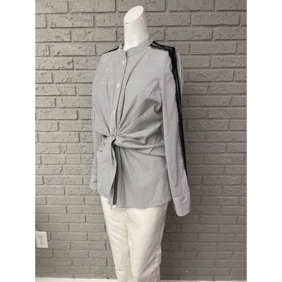 Worthington Women Black White Striped Long Sleeve Front Tie Shirt Size M - Picture 4 of 9